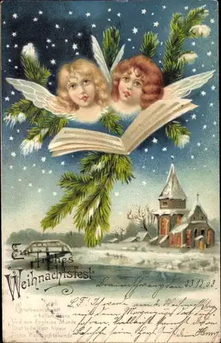 Litho Glückwunsch Weihnachten, Singende Engel, Tannenzweige, Kirche