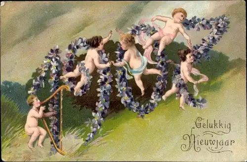 Ak Glückwunsch Neujahr 1907, Veilchen, Kinder
