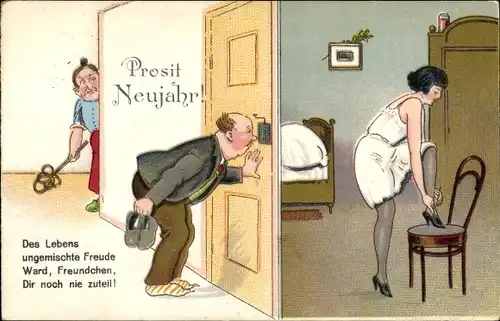 Ak Glückwunsch Neujahr, Junge Frau zieht sich um, Neugieriger Mann, Des Lebens ungemischte...