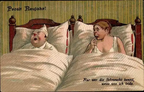 Ak Glückwunsch Neujahr, Nur wer die Sehnsucht kennt weiß was ich leide, Paar im Bett