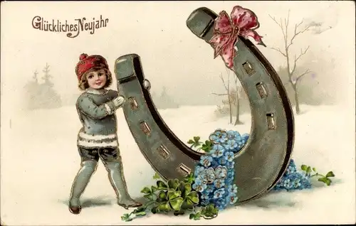 Präge Ak Glückwunsch Neujahr, Hufeisen mit Schleife, Kleeblätter, Vergißmeinicht