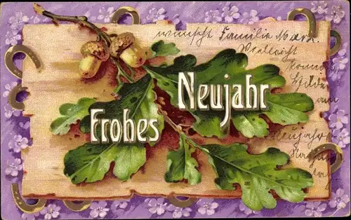 Präge Litho Glückwunsch Neujahr, Eichenlaub, Hufeisen, Blumen