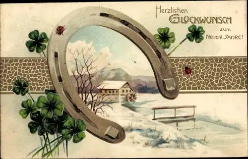 Präge Ak Glückwunsch Neujahr, Hufeisen, Glücksklee, Mühle