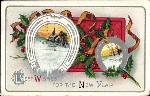 Ak Glückwunsch Neujahr, Hufeisen, Stechpalme