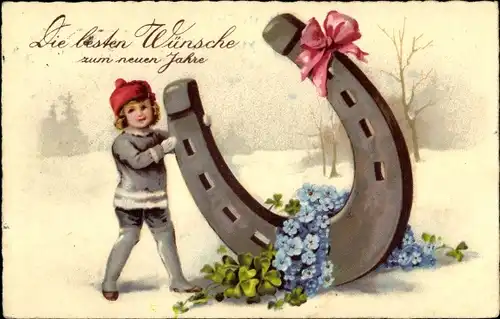 Ak Glückwunsch Neujahr, Hufeisen mit Schleife, Kleeblätter, Vergißmeinicht