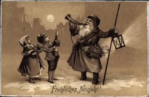 Ak Glückwunsch Neujahr, Kinder, Mann mit Horn und Laterne, Sektflasche, Mondschein