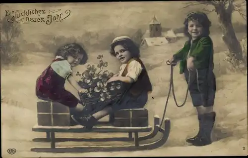 Ak Glückwunsch Neujahr, Kinder, Schlitten