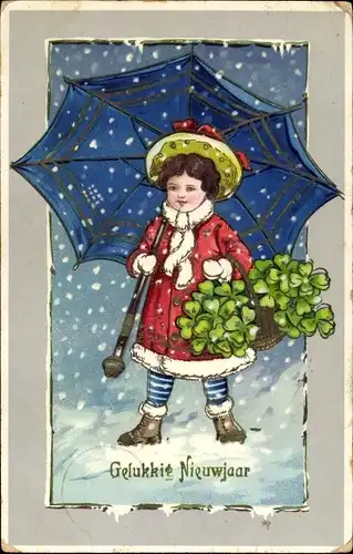 Präge Ak Glückwunsch Neujahr, Mädchen mit Regenschirm, Glücksklee