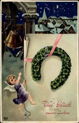 Präge Ak Glückwunsch Neujahr, Engel, Glocke, Glücksklee