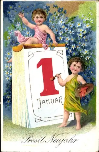 Prägen Ak Glückwunsch Neujahr, Zwei Kinder, Abreißkalender, Vergissmeinnichtblüten