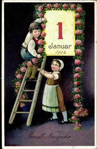 Präge Ak Glückwunsch Neujahr, Kinder, Kalender, Leiter, Rosen