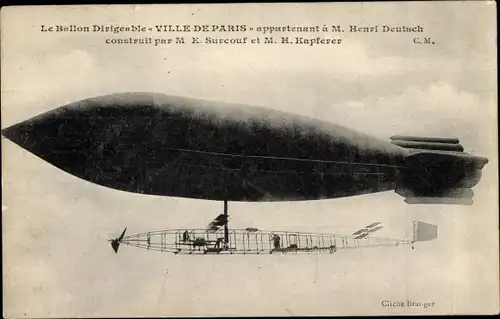Ak Ballon dirigéable Ville de Paris, Henri Deutsch, Surcouf, Kapferer, Französisches Luftschiff