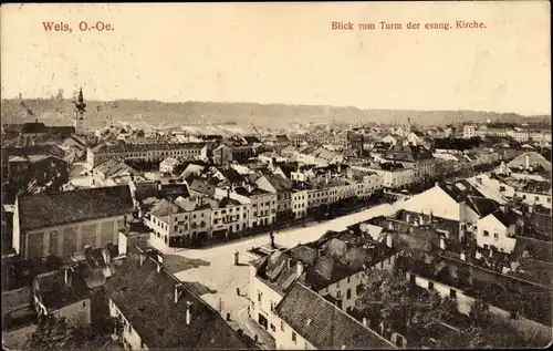 Ak Wels in Oberösterreich, Blick vom Turm der ev. Kirche