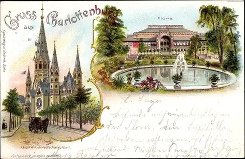 Litho Berlin Charlottenburg, Kaiser Wilhelm Gedächtniskirche, Parkanlagen an der Flora, Brunnen