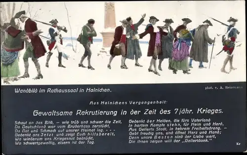 Ak Hainichen in Sachsen, Wandbild im Rathaussaal, Gewaltsame Rekrutierung, 7jähriger Krieg, Gedicht