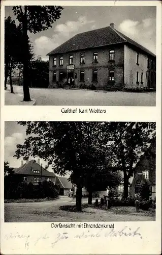 Ak Groß Gleidingen Vechelde Niedersachsen, Gasthof Karl Wolters, Dorfansicht mit Ehrendenkmal