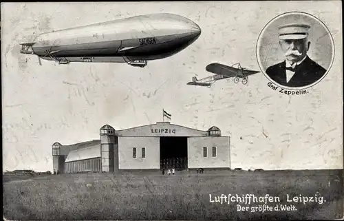 Ak Leipzig Sachsen, Luftschiffhafen mit Zeppelin Sachsen und Flugzeug, Graf Zeppelin