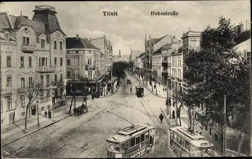 Ak Sowjetsk Tilsit Ostpreußen, Hohestraße, Straßenbahnen