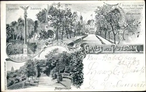 Litho Klein Glienicke Neubabelsberg Potsdam, Schloss Friedr. Leopold, Siegessäule, Feldherrnbank