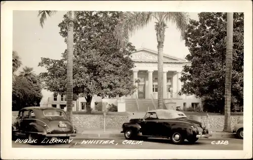 Ak Whittier Kalifornien USA, Public Library, Autos