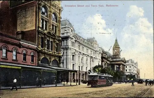 Ak Melbourne Australien, Swanston Street and Town Hall, Straßenbahn