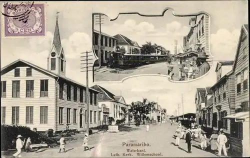 Ak Paramaribo Suriname, Waterkant, Luth. Kerk, Willemschool