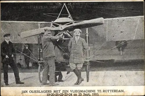 Ak Rotterdam Südholland Niederlande, Jan Olieslagers met zijn Vliegmachine, 1910
