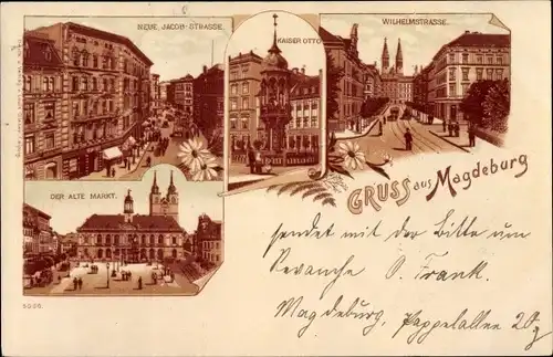 Litho Magdeburg, Kaiser Otto, Markt, Wilhelmstraße, Neue Jacob Straße