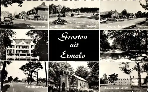 Ak Ermelo Gelderland, Ziekenhuis Salem, Bosbad, Kerk, Kasteel