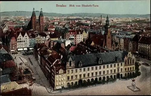 Ak Wrocław Breslau Schlesien, Blick vom Elisabeth Turm, Rathaus, Ring