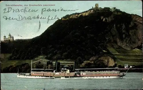 Ak Königswinter am Rhein, Schnelldampfer den Drachenfels passierend