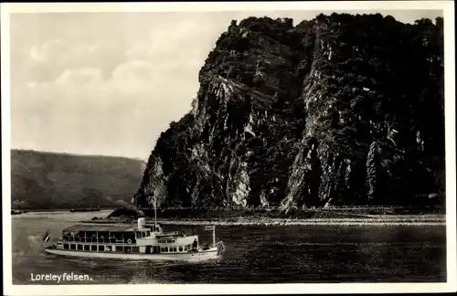 Ak Sankt Goarshausen am Rhein, Loreleyfelsen, Binger Personen-Schifffahrt, Salondampfer