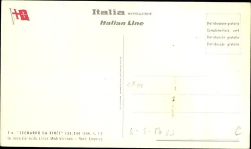 Ak Italian Line, Italia Navigazione, T.N. Leonardo da Vinci