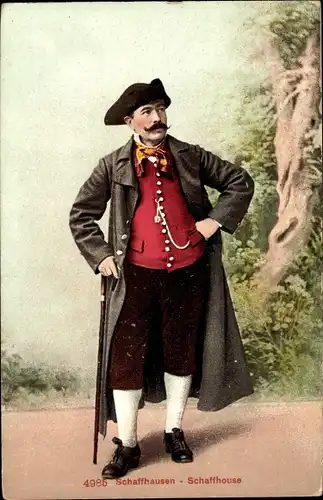 Ak Schweiz, Schaffhausen, Mann in Tracht, Gehstock