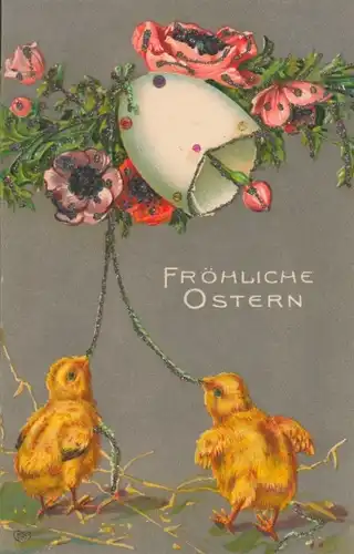 Präge Ak Glückwunsch Ostern, Hühner, Blumen, Eierschale