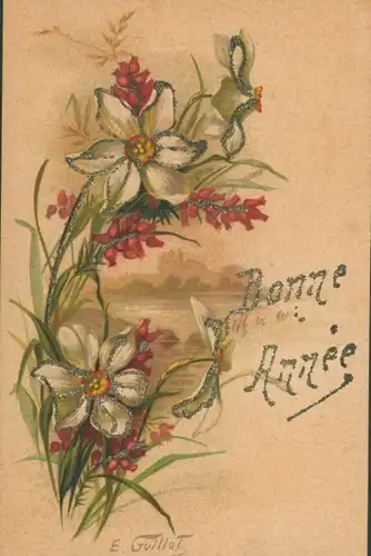 Künstler Ak Guillat, E., Glückwunsch Neujahr, Blühende Blumen