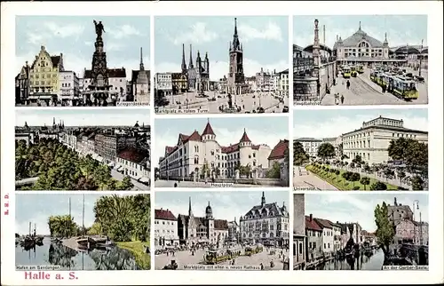 Ak Halle an der Saale, Kriegerdenkmal, Marktplatz, Roter Turm, Hauptbahnhof, neues Rathaus, Uni