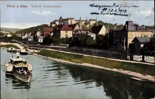 Ak Pirna an der Elbe, Schloss Sonnenstein, Dampfer