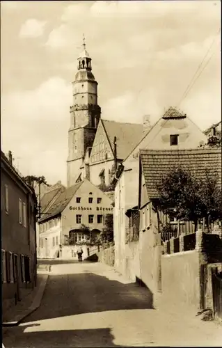 Ak Kamenz Sachsen, Blick in die Pulsnitzer Straße, Kirche, Tuchhaus Körner