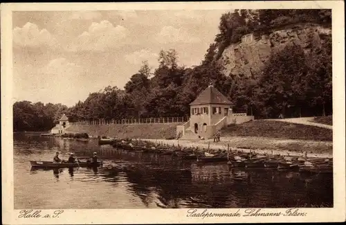 Ak Halle an der Saale, Lehmanns Felsen, Ruderer, Saalepromenade