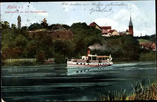Ak Halle an der Saale, Flusspartie an der Bergschenke, Salon Dampfer