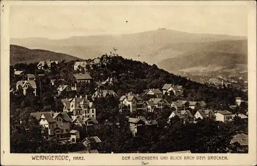 Ak Wernigerode am Harz, Der Lindenberg und Blick nach dem Brocken