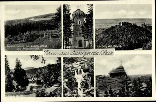 Ak Wernigerode am Harz, Armeleuteberg mit Berggasthaus und Aussichtsturm, Harburg und Schloss