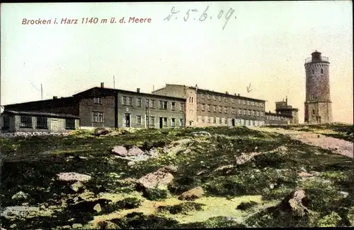 Ak Brocken Nationalpark Harz, Brockenhotel, Brockenturm