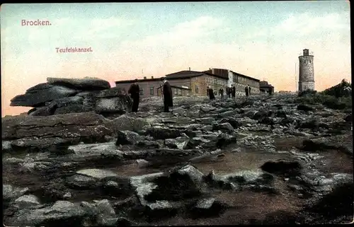 Ak Brocken Nationalpark Harz, Brockenhotel, Teufelskanzel