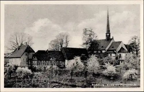 Ak Rochsburg Lunzenau in Sachsen, Kirche mit Pfarrgelände