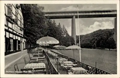 Ak Nossen Sachsen, Terrasse der Gastwirtschaft Huthaus, Brücke