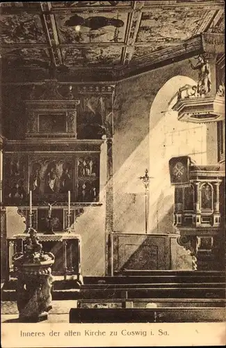 Ak Coswig in Sachsen, Inneres der alten Kirche, Kanzel, Altar