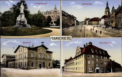 Ak Frankenberg an der Zschopau Sachsen, Friedenspark, Marktplatz, Bahnhof, Train Kaserne