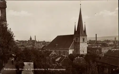 Ak Nordhausen am Harz, Blick auf die Jakobikirche vom Primanusgraben aus